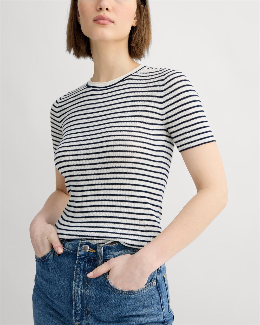 The Sweater Tee in Ultrasoft Merino in Bone/Navy — detail view
