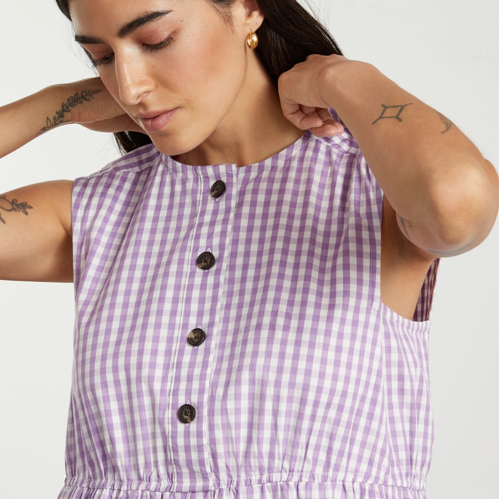 The Tiered Midi Dress in Orchid Gingham — detail view