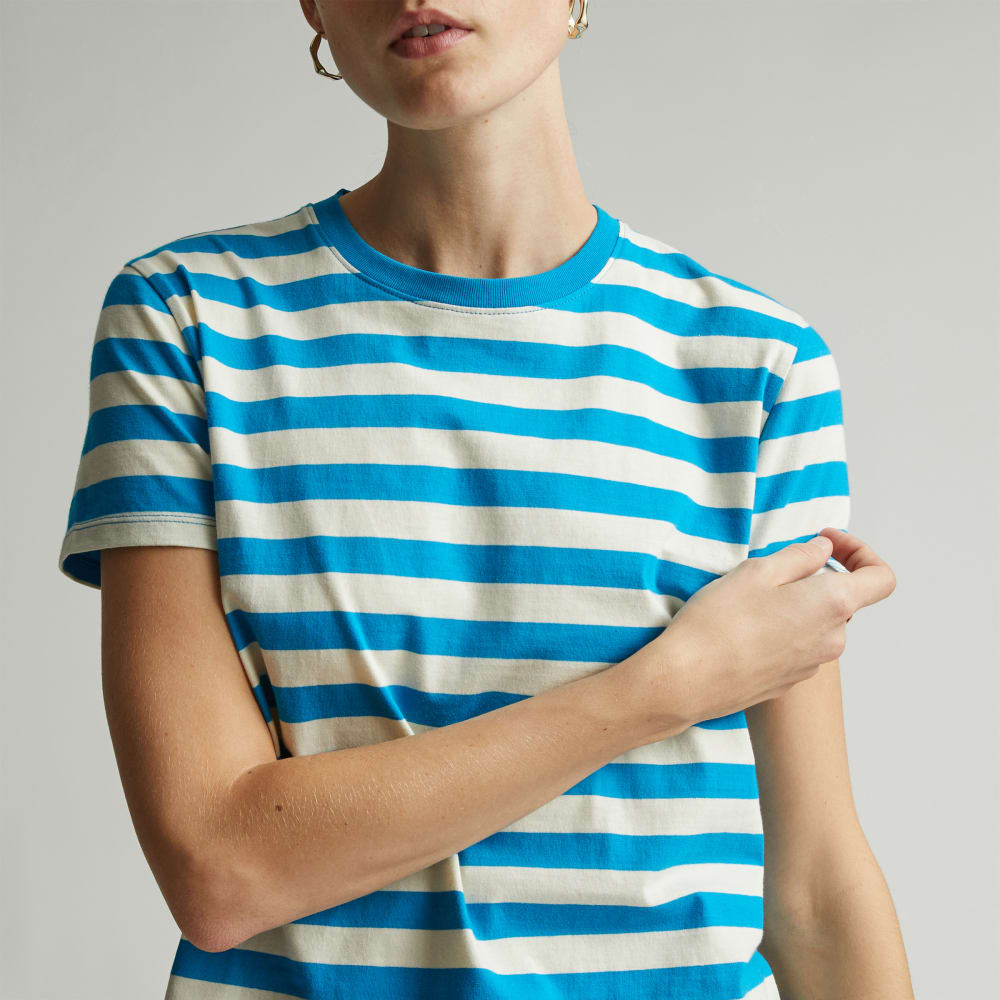 The Box-Cut Tee in Essential Cotton in Horizon Blue / Canvas Tan — detail view