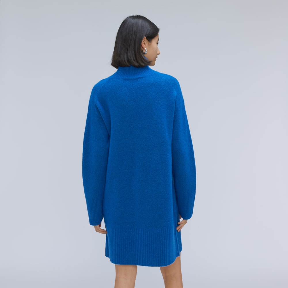The Cozy Stretch Turtleneck Dress in Heathered Lapis Blue — detail view