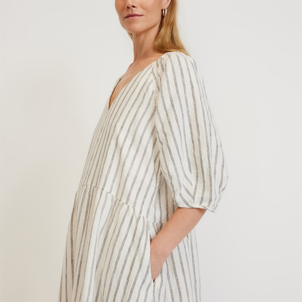 The Linen Oversized Puff-Sleeve Dress in Black / Canvas Tan — detail view