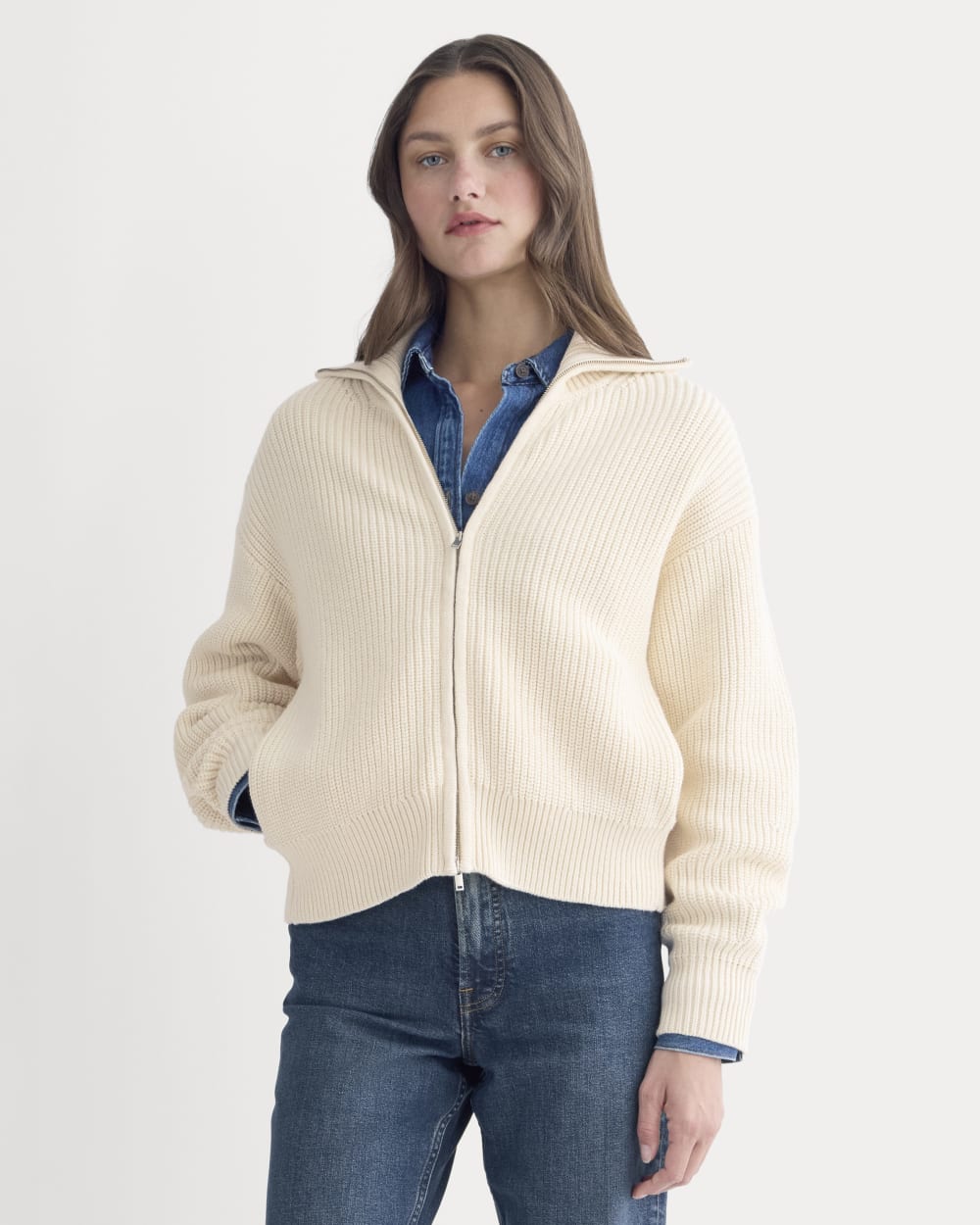 The Full-Zip Sweater in Everyday Cotton in Canvas — front view