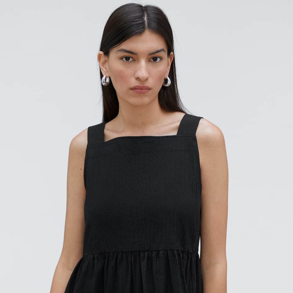 The Seersucker Midi Dress in Black — detail view