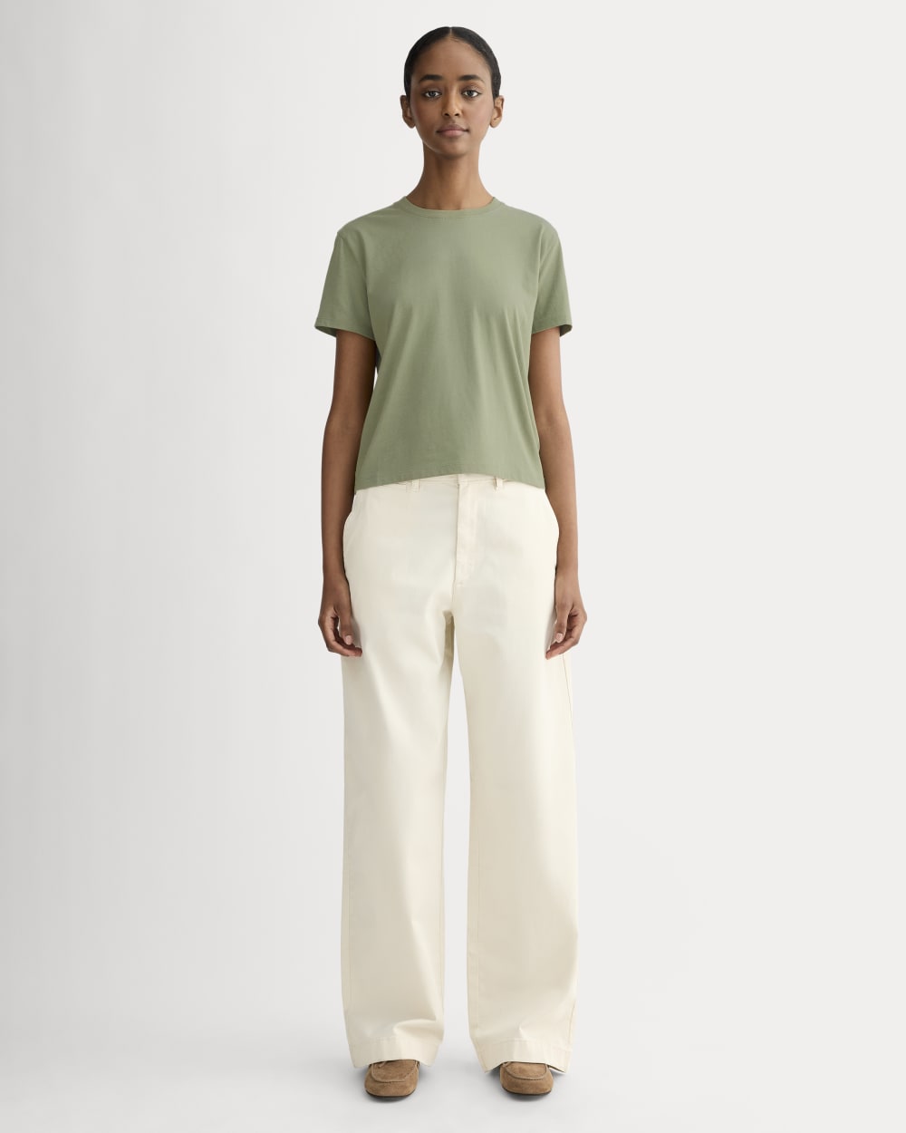 The Box-Cut Tee in Essential Cotton in Sagebrush — detail view