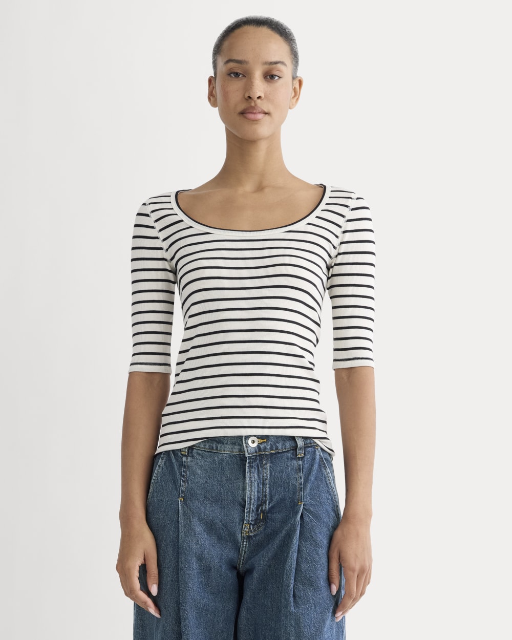The Luxe Rib Scoop-Neck Tee in Bone / Black — front view