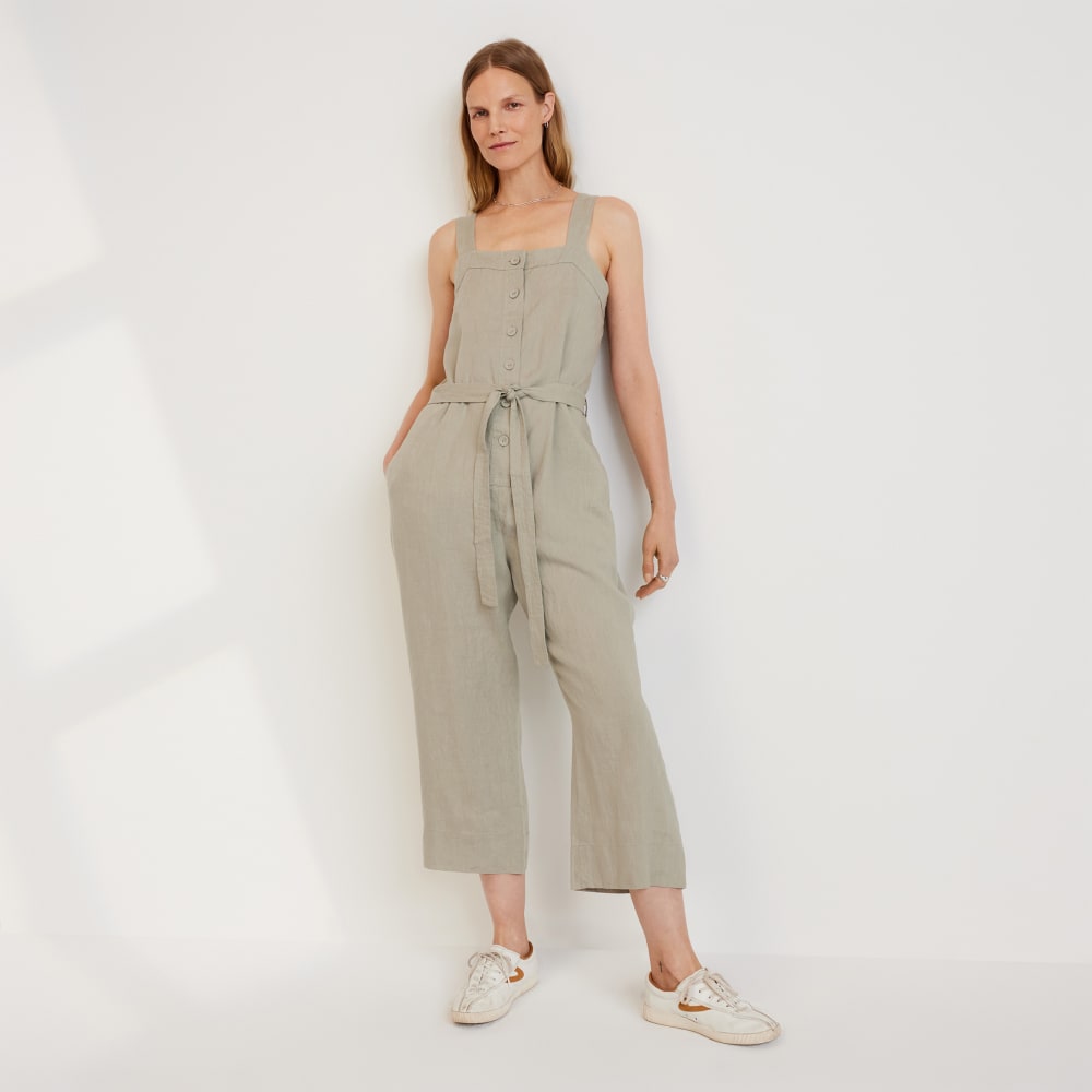 The Linen Jumpsuit in Seagrass — detail view