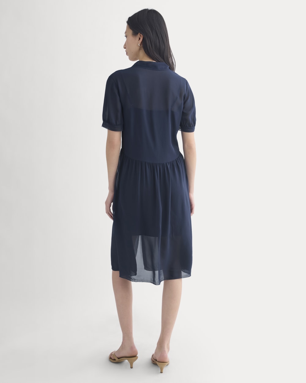 Notch Collar Shirtdress in Silk Georgette in Navy — detail view