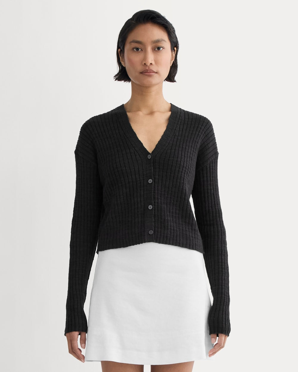 The Ribbed Cardigan in Cotton Linen in Black — front view