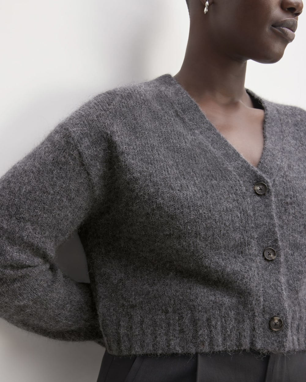 The Alpaca V-Neck Cropped Cardigan in Dark Charcoal — detail view