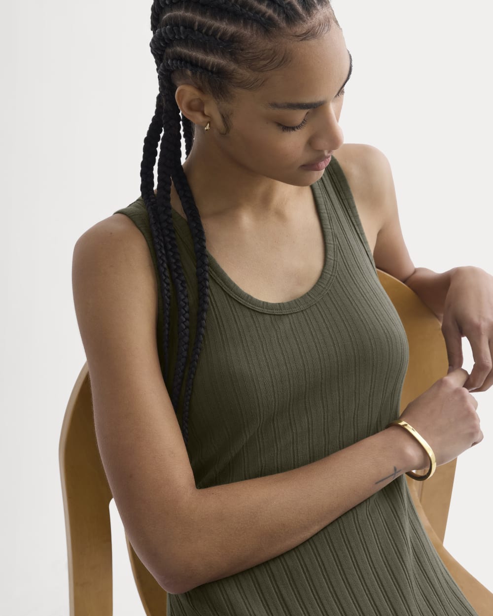 Scoop-Neck Midi Dress in Pointelle Knit in Olive Night — detail view