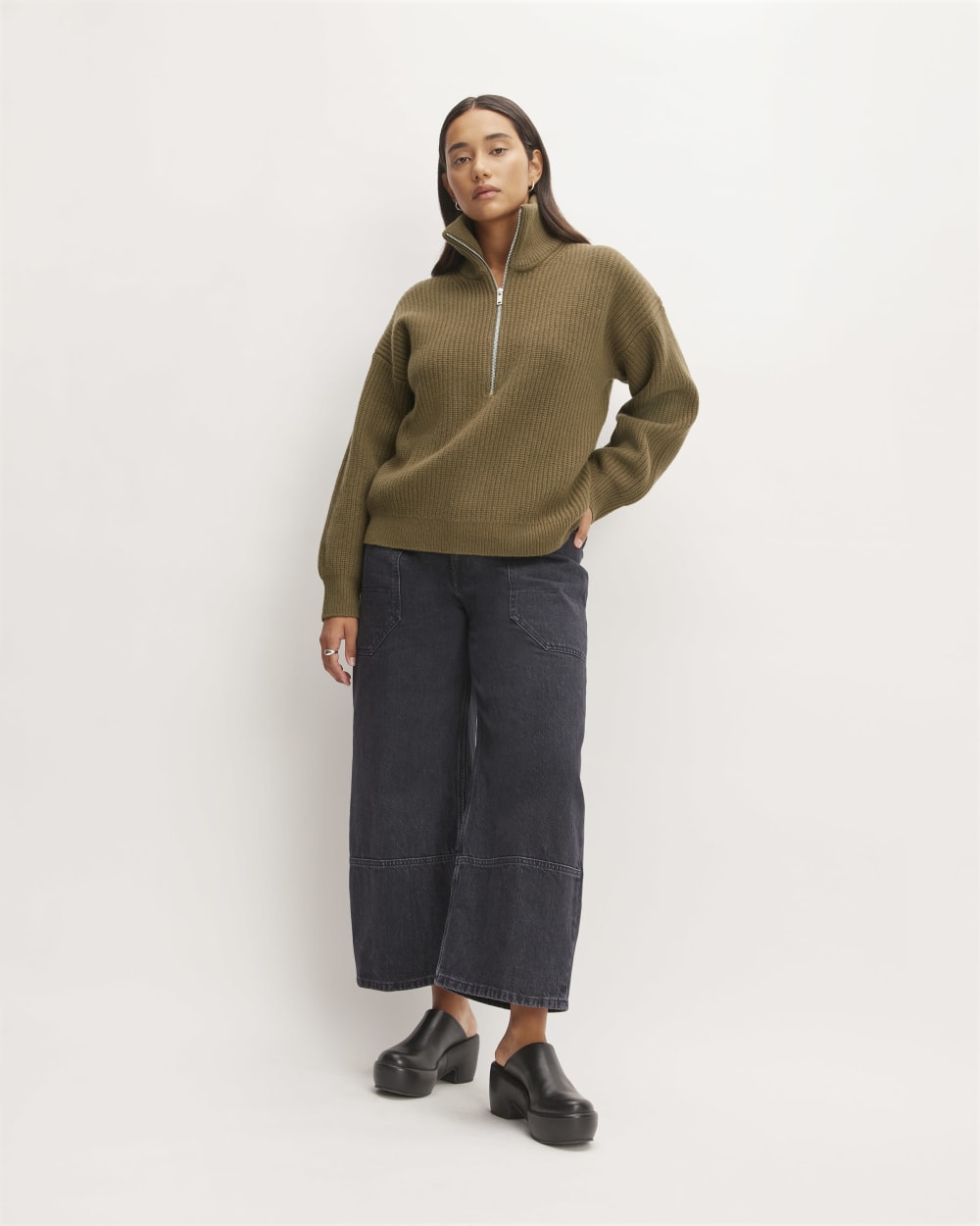 The Half-Zip Sweater in Luxe Merino in Beech — detail view