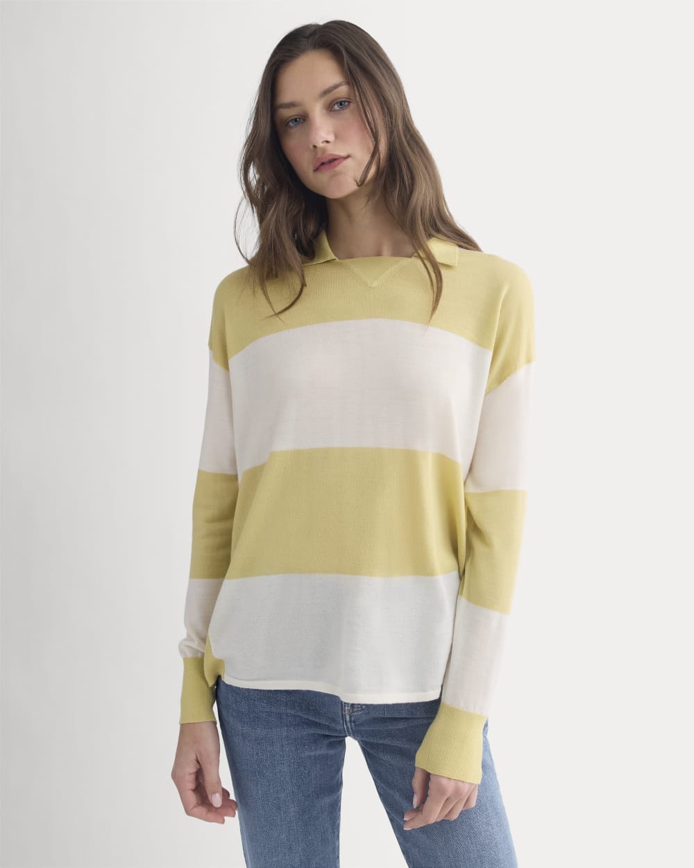 Oversized Polo in Ultrafine Merino in Double Cream / Bone Rugby Stripe — front view