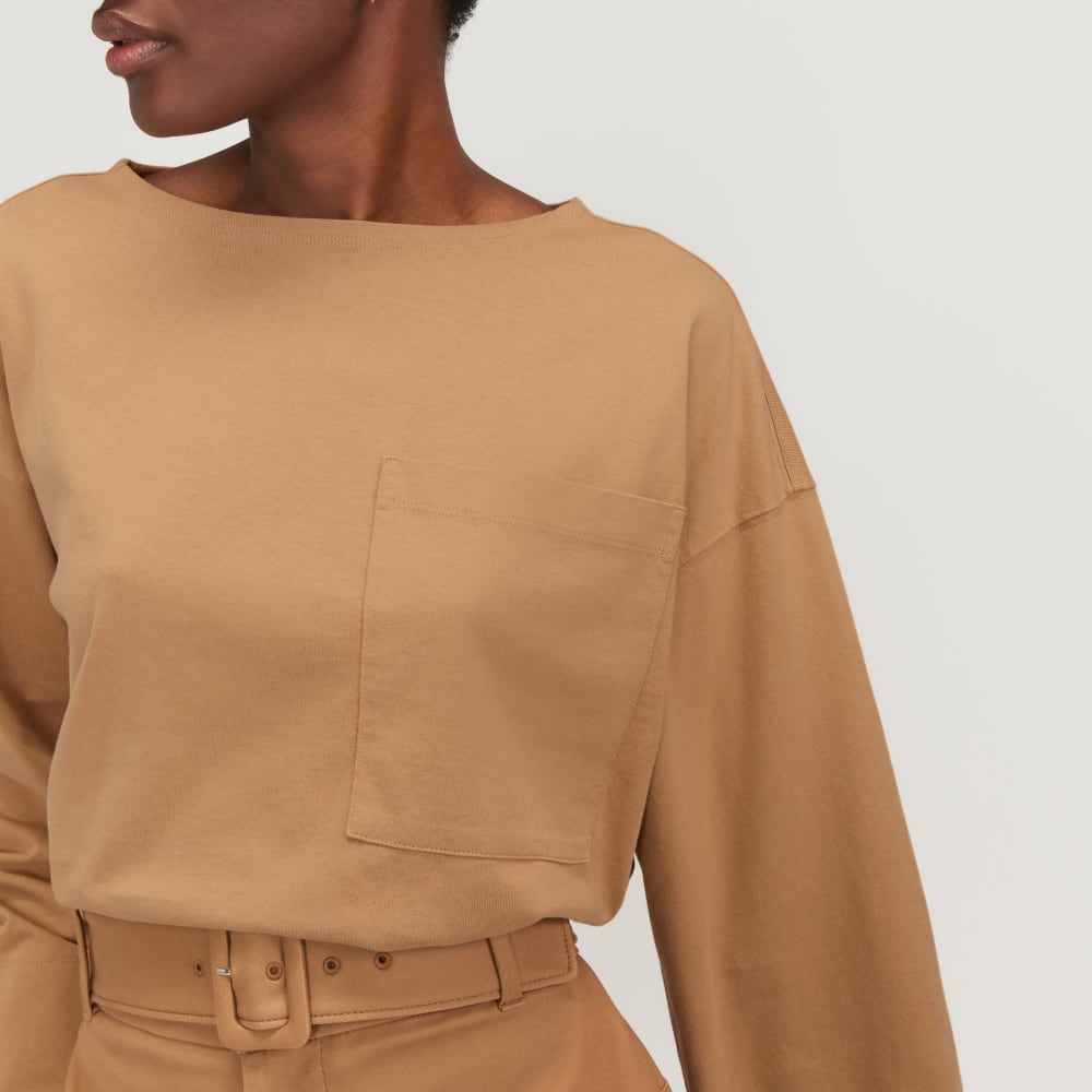 The Premium Weight Oversized Pocket Tee in Caramel — detail view