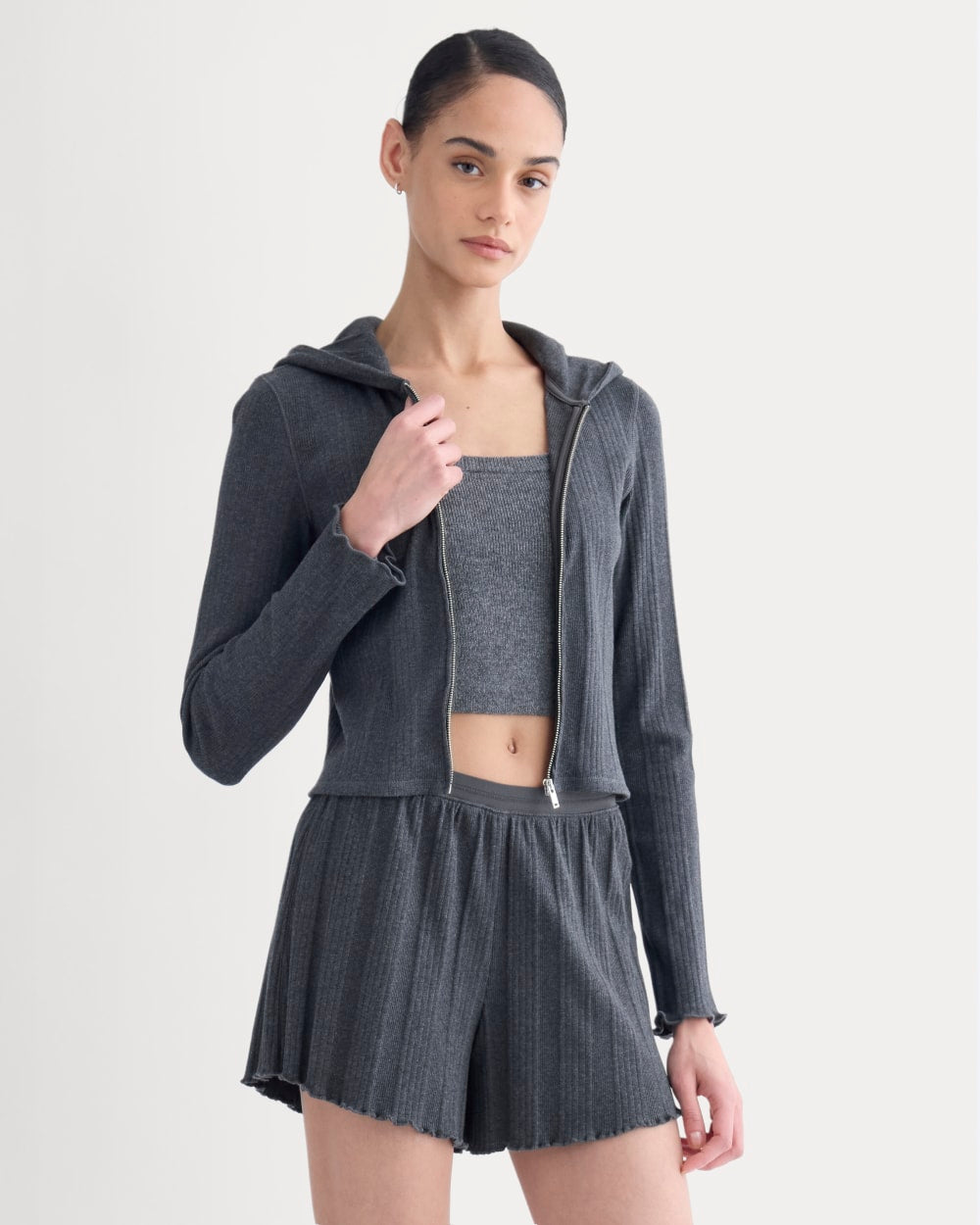 Lounge Rib Hoodie in Heathered Soot — front view