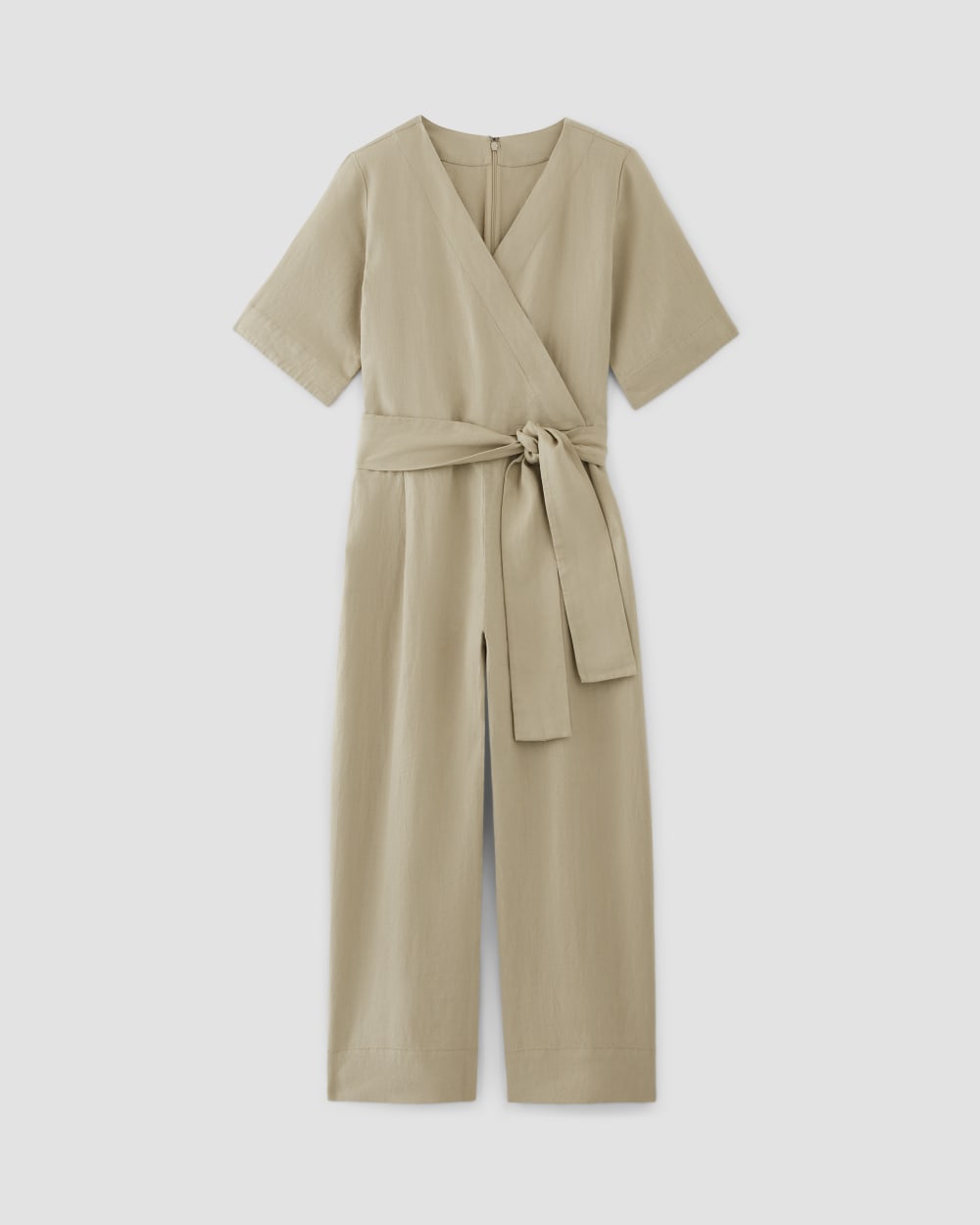 The Wrap Jumpsuit in Linen in Trench Coat Khaki — alternate view