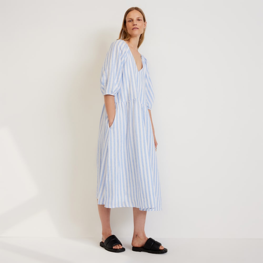 The Linen Oversized Puff-Sleeve Dress in Blue / White — front view