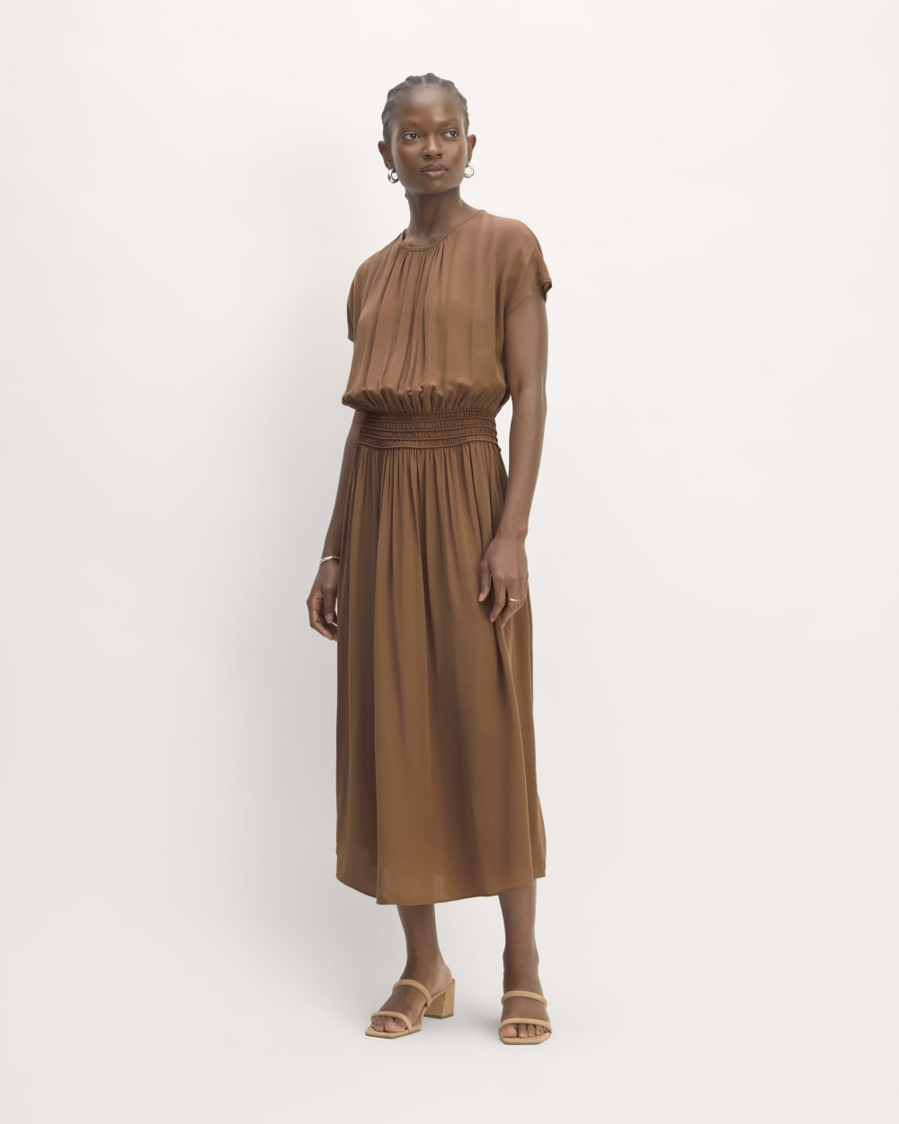 The Gathered Midi Dress in Carob Brown — front view