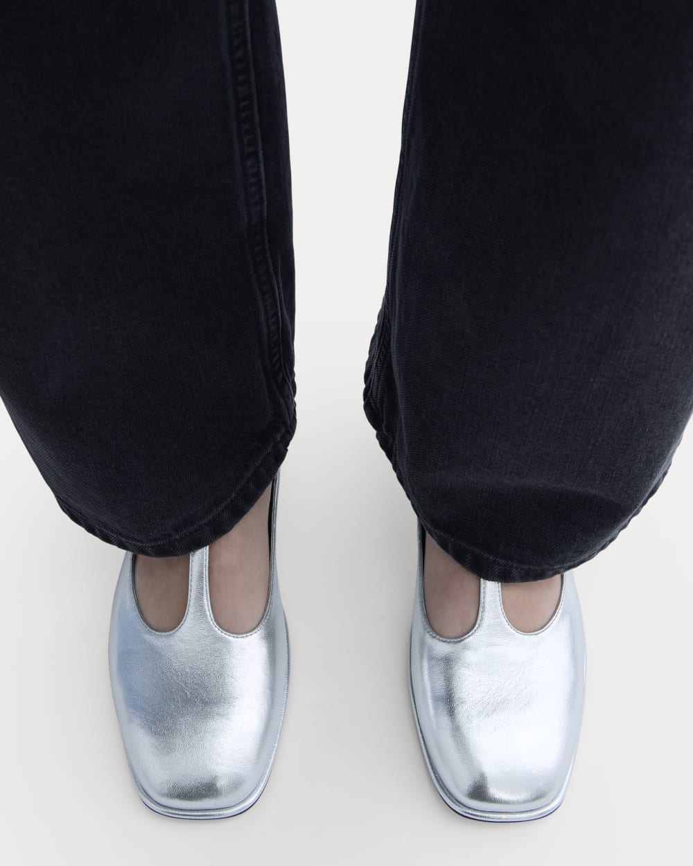 The Leather T-Strap Flat in Silver — detail view