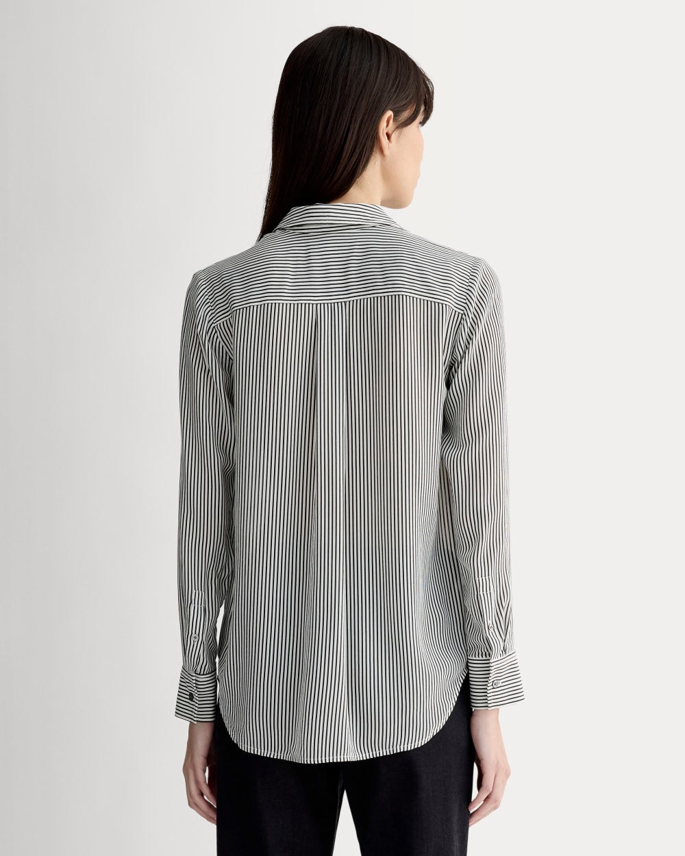 The Must-Have Shirt in Washable Silk in Black Micro Stripe — detail view