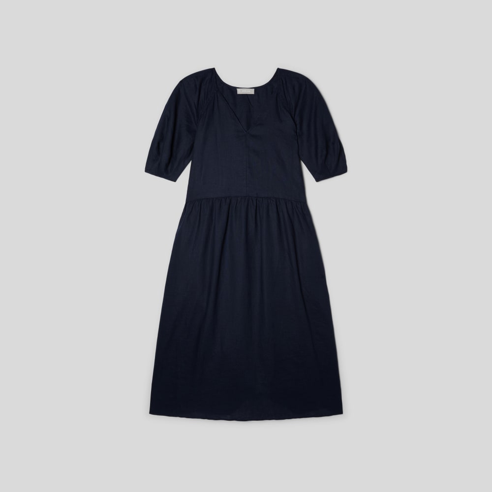 The Linen Oversized Puff-Sleeve Dress in Navy — alternate view
