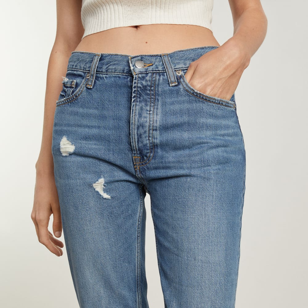 The Super-Soft Relaxed Jean in Mid Blue — detail view