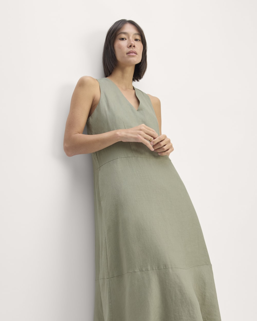 The Linen V-Neck Maxi Dress in Sage Green — front view