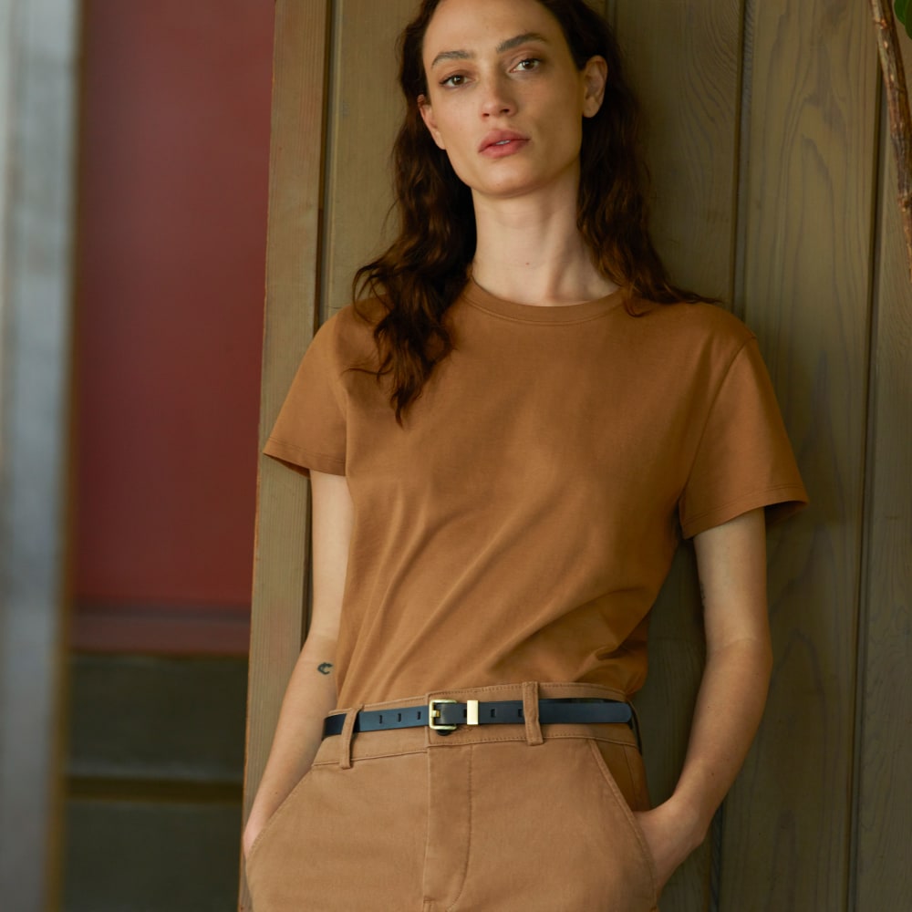 The Box-Cut Tee in Essential Cotton in Toasted Coconut — detail view