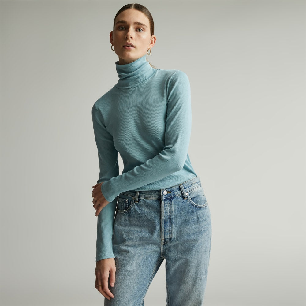 The Luxe Micro-Rib Turtleneck in Blue Shadow — front view