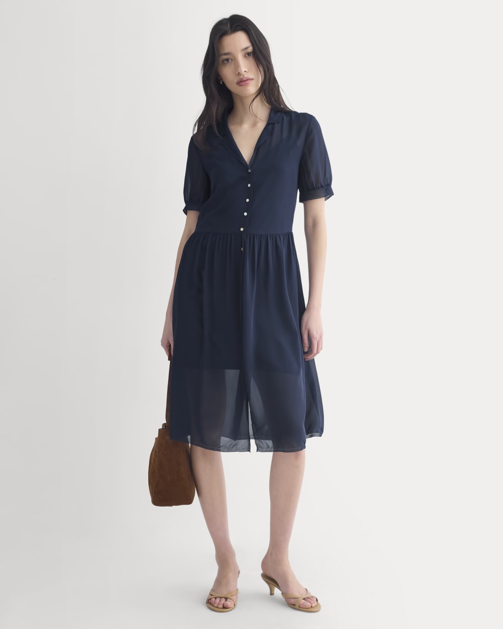 Notch Collar Shirtdress in Silk Georgette in Navy — front view