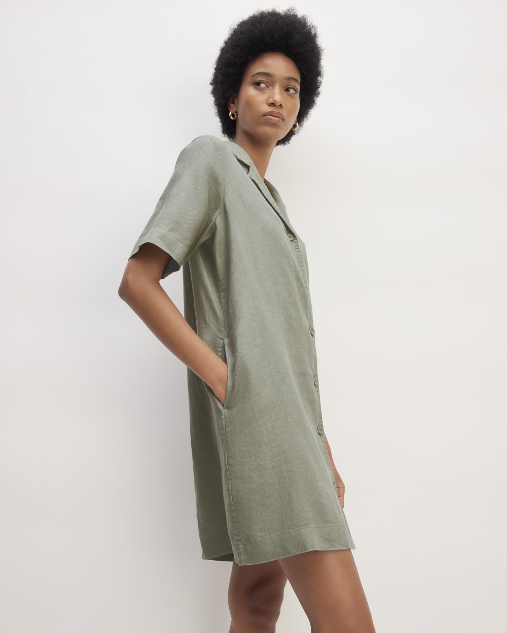The Shirtdress in Linen in Sage Green — detail view