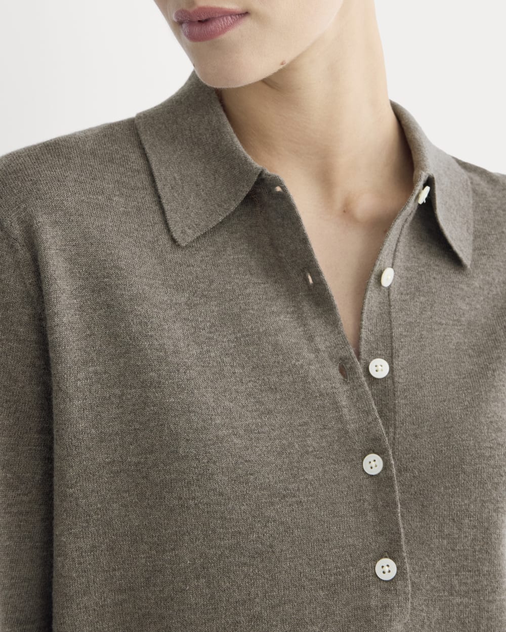 Oversized Polo Sweater in Cotton Merino in Heather Ash Taupe — detail view
