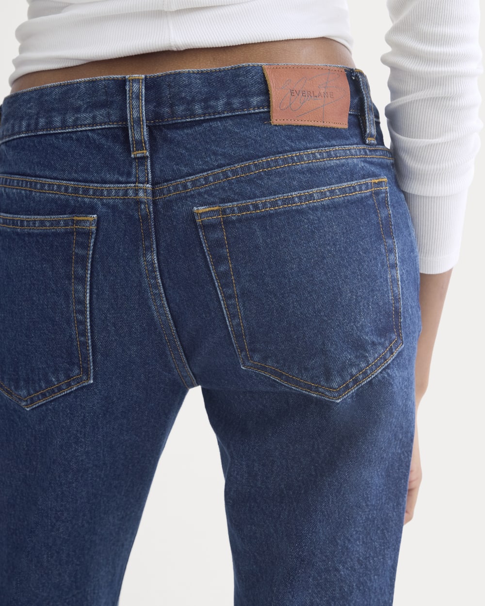 Everlane x Elena Bonvicini Highland Low-Rise Cigarette Jean in Deep Bay Indigo — detail view