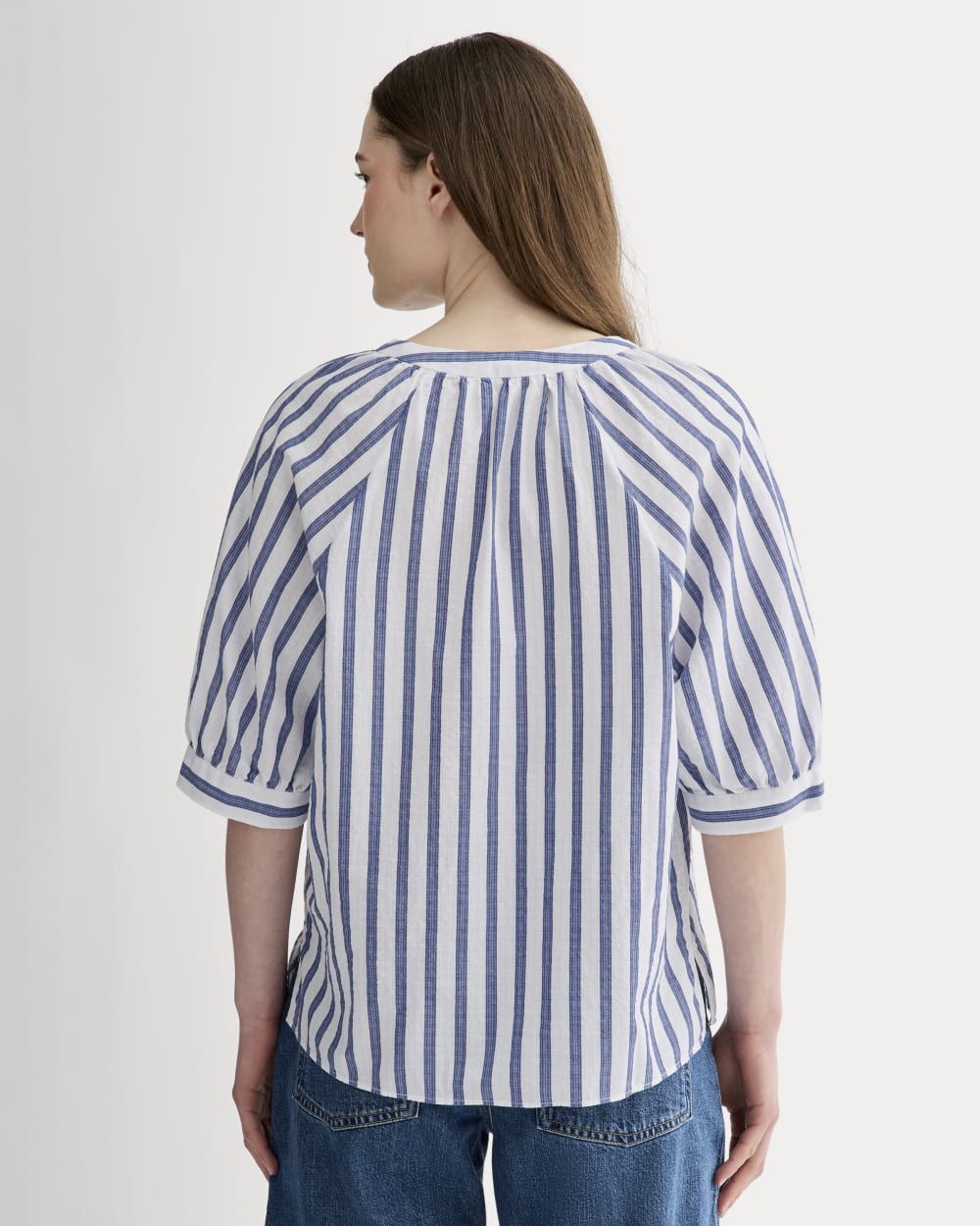 The Gauze Gathered Top in White / Mazarine Blue — detail view