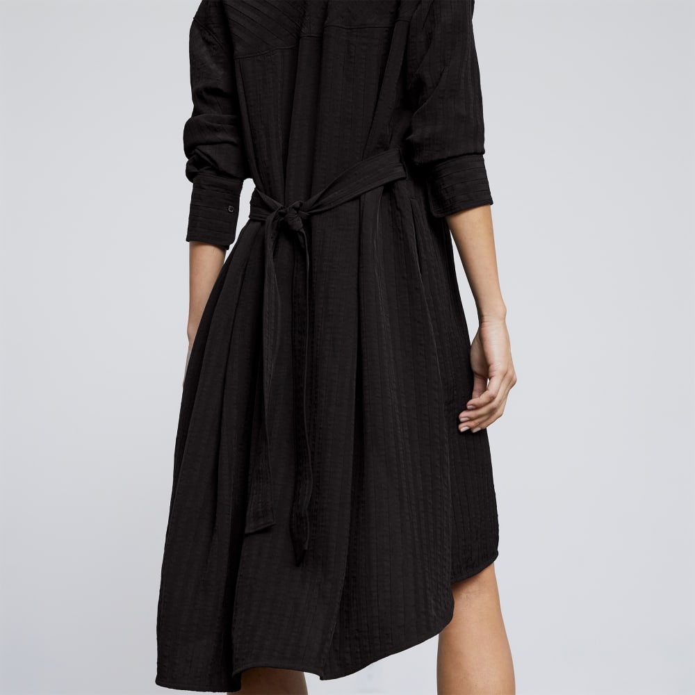 The City Stripe Draped Shirt Dress in Black — detail view