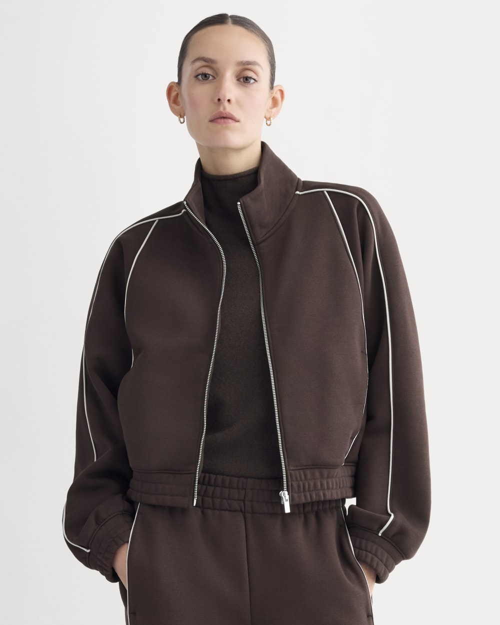 Luxe Fleece Track Jacket in Dark Chocolate — front view