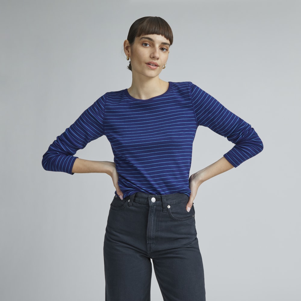 The Pima Micro-Rib Long-Sleeve Crew in Ocean Cavern / Horizon Blue — front view