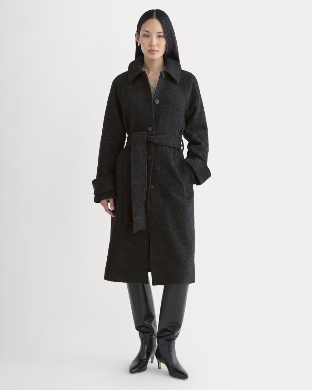 Italian Belted Overcoat in Carbone/Black — front view