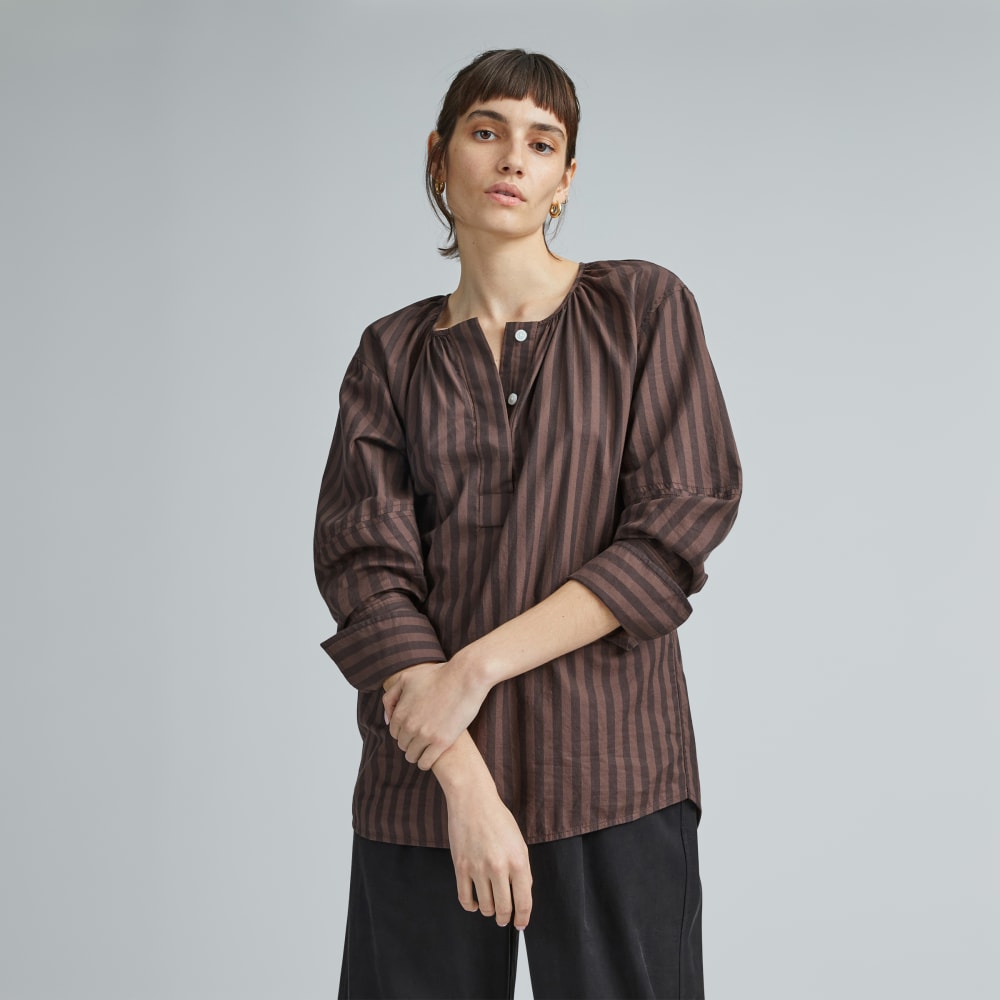 The Silky Cotton Balloon Sleeve Top in Chocolate Brown / Black — front view