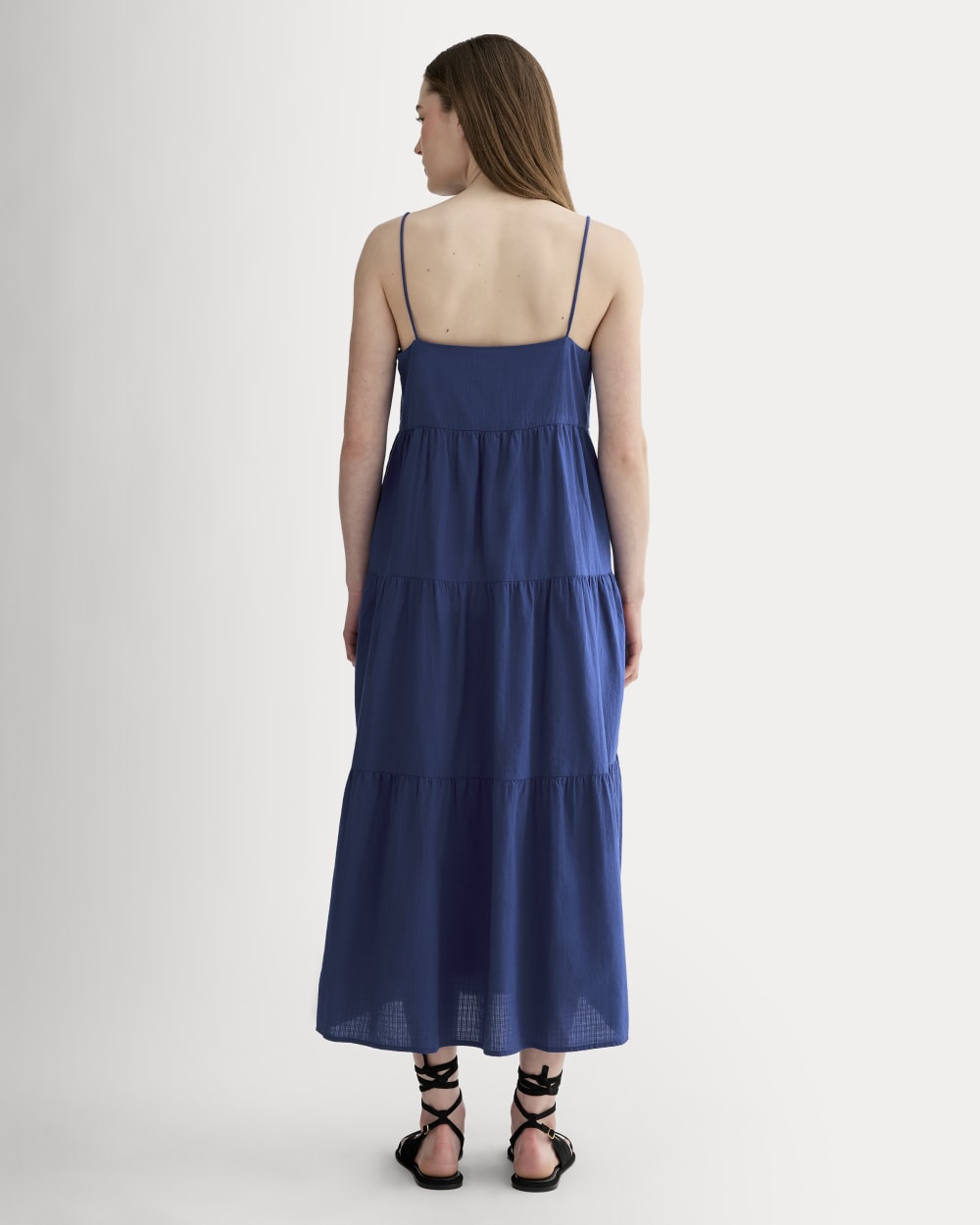 The Gauze Tiered Dress in Mazarine Blue — detail view