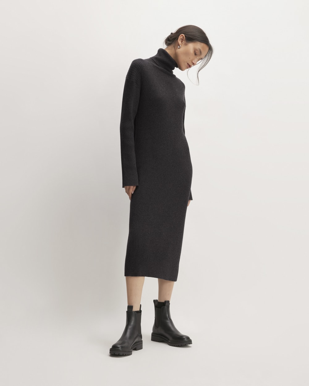 The Cotton-Merino Turtleneck Dress in Heather Charcoal — front view