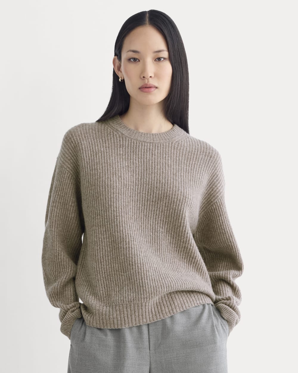 The Cocoon Crew in Wool Cashmere in Light Heathered Taupe — front view