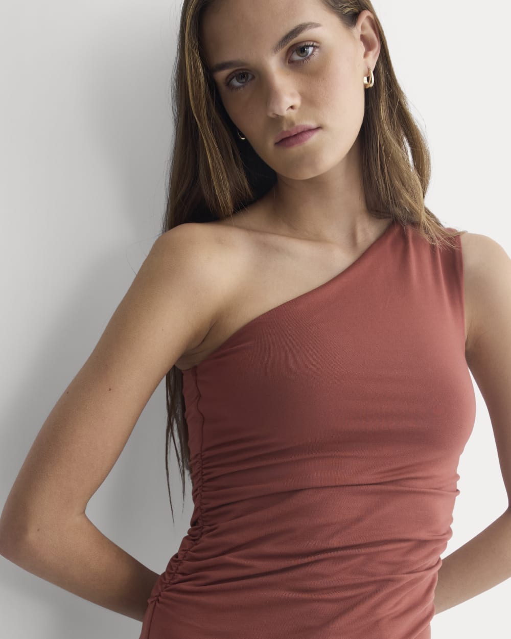 One-Shoulder Top in Henna Red — front view