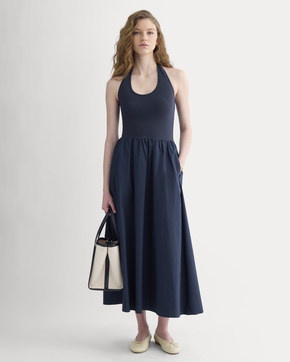Halter Dress in Ultrasoft Cotton in Navy — front view
