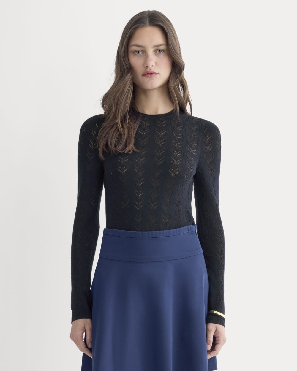 The Pointelle Crew in Ultrasoft Merino in Navy — front view