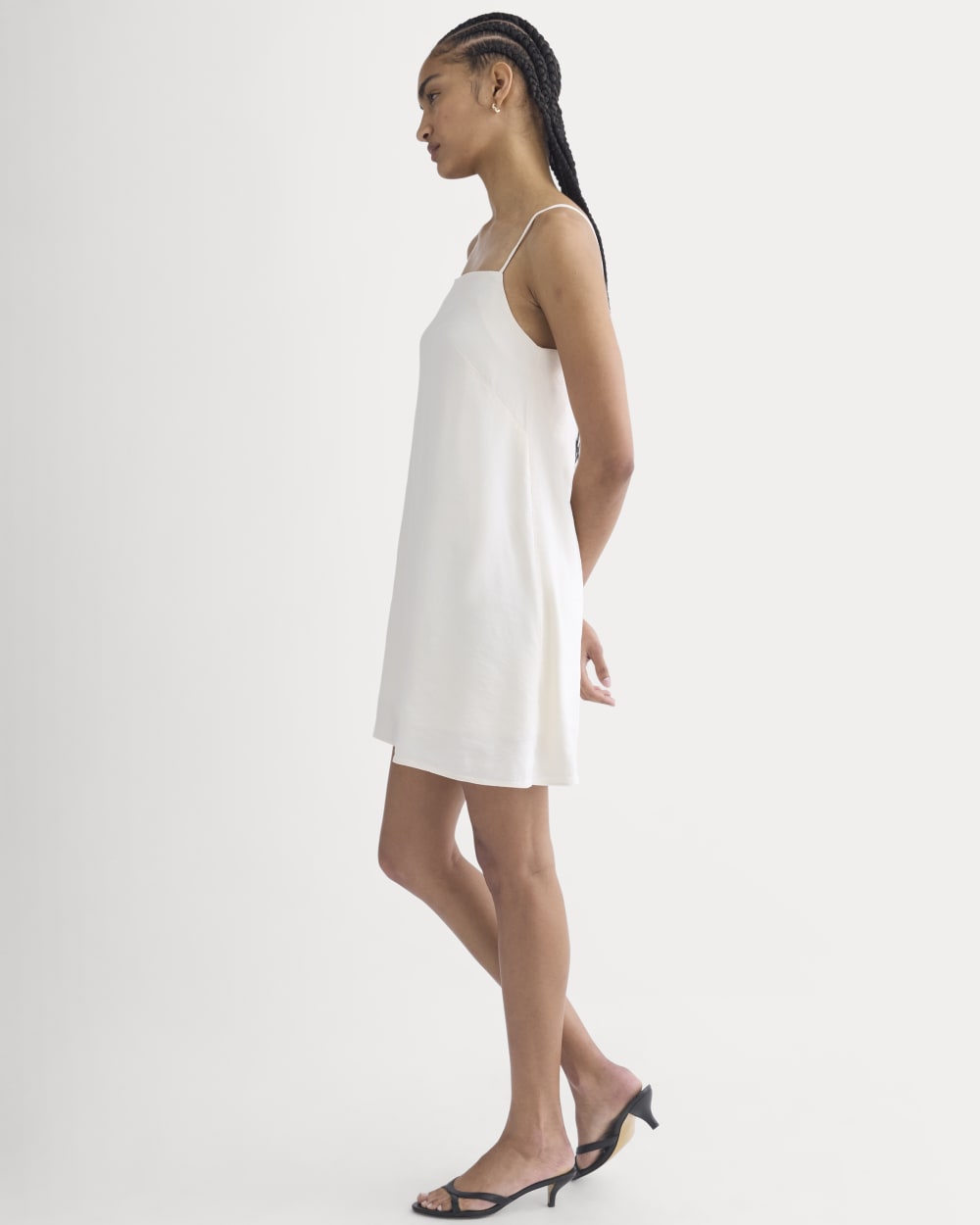 Mini Shift Dress in Stretch Linen in Bone — detail view