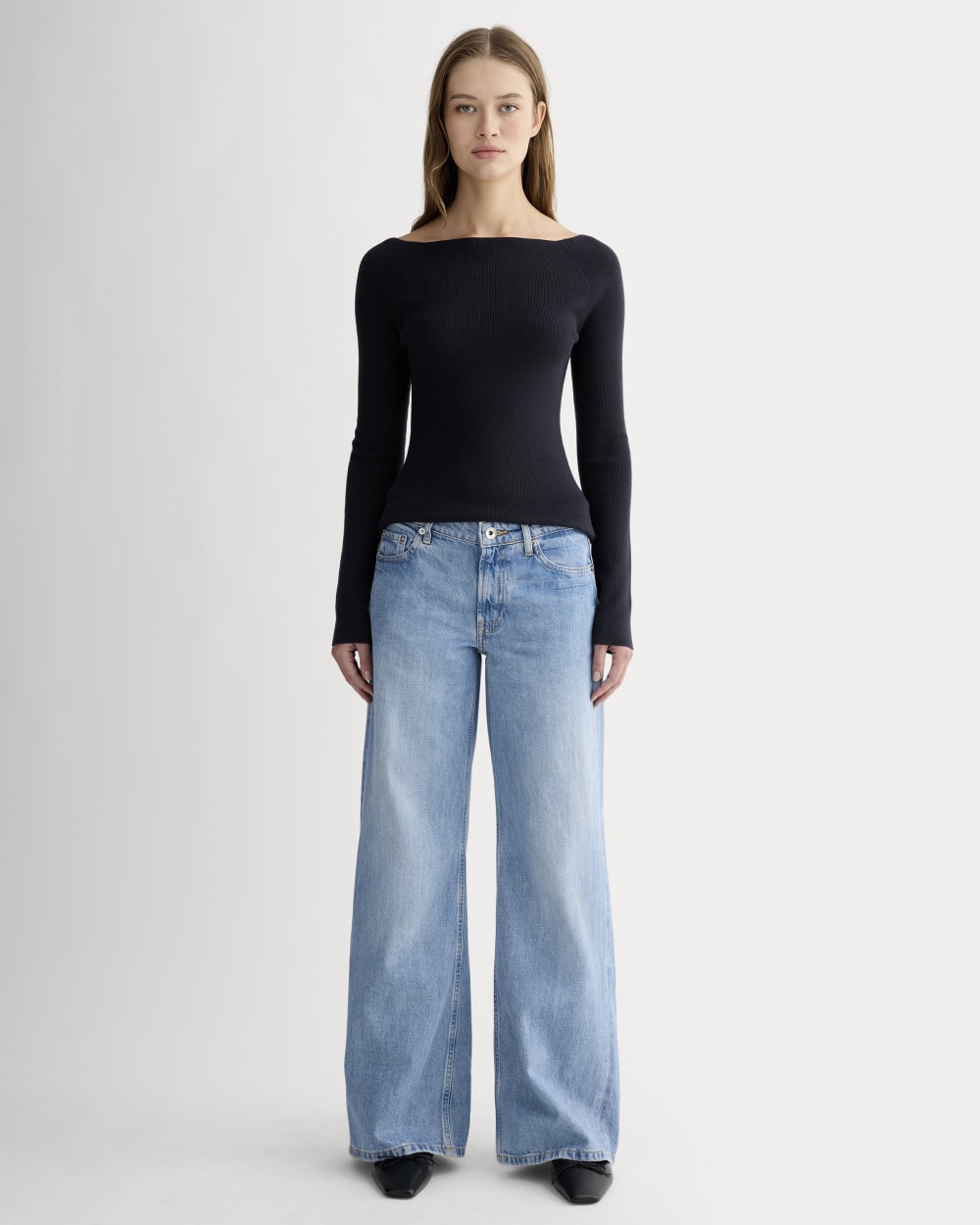 The Knit Boatneck Top in Navy — detail view