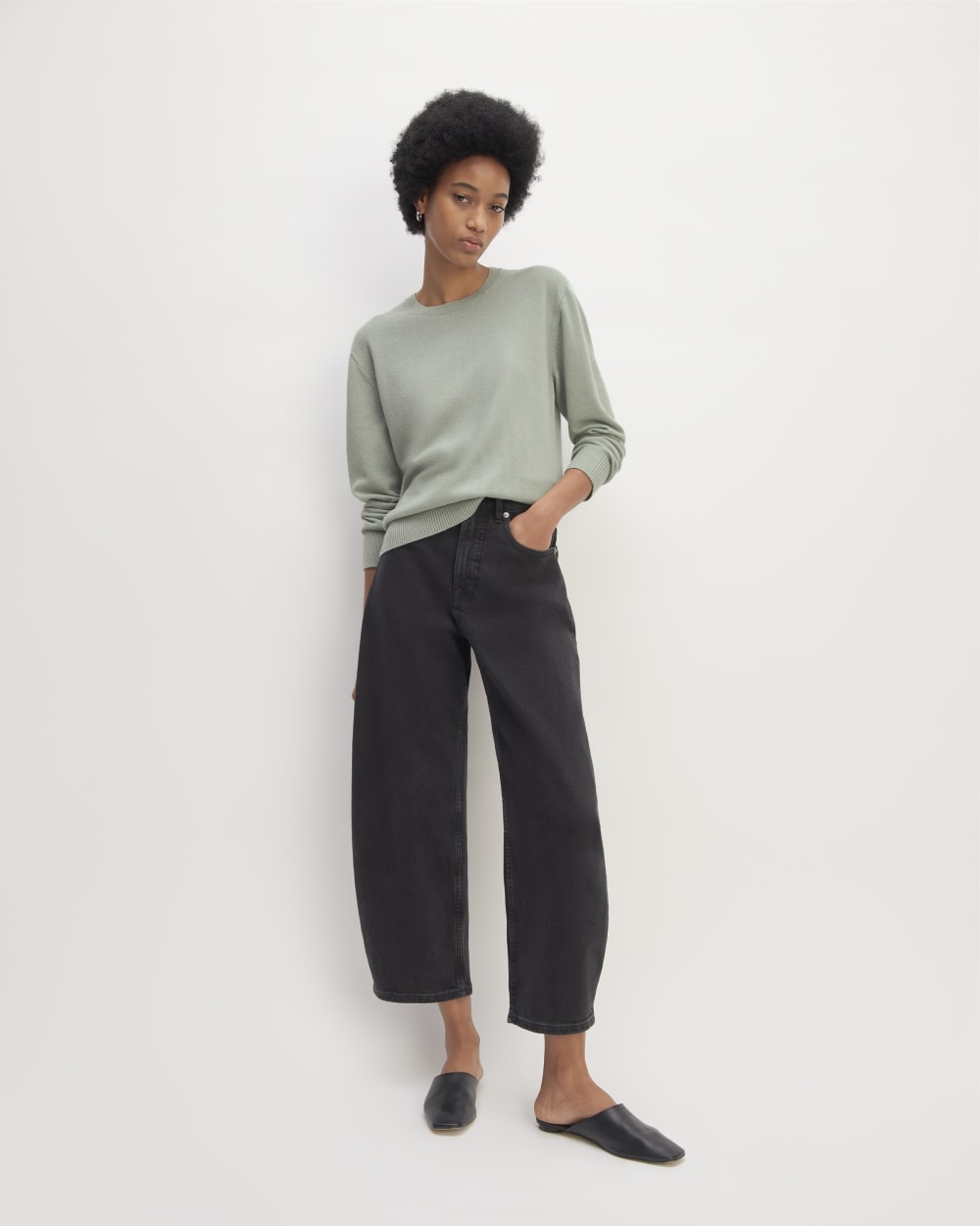 The Classic Crew in Cashmere in Light Sage Green — detail view