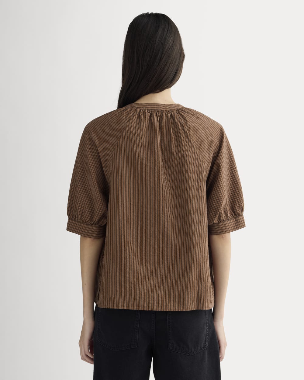 The Gauze Gathered Top in Carob Brown / Black — detail view