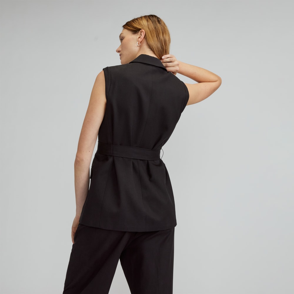 The Sleeveless Blazer in Buttersmooth in Black — detail view