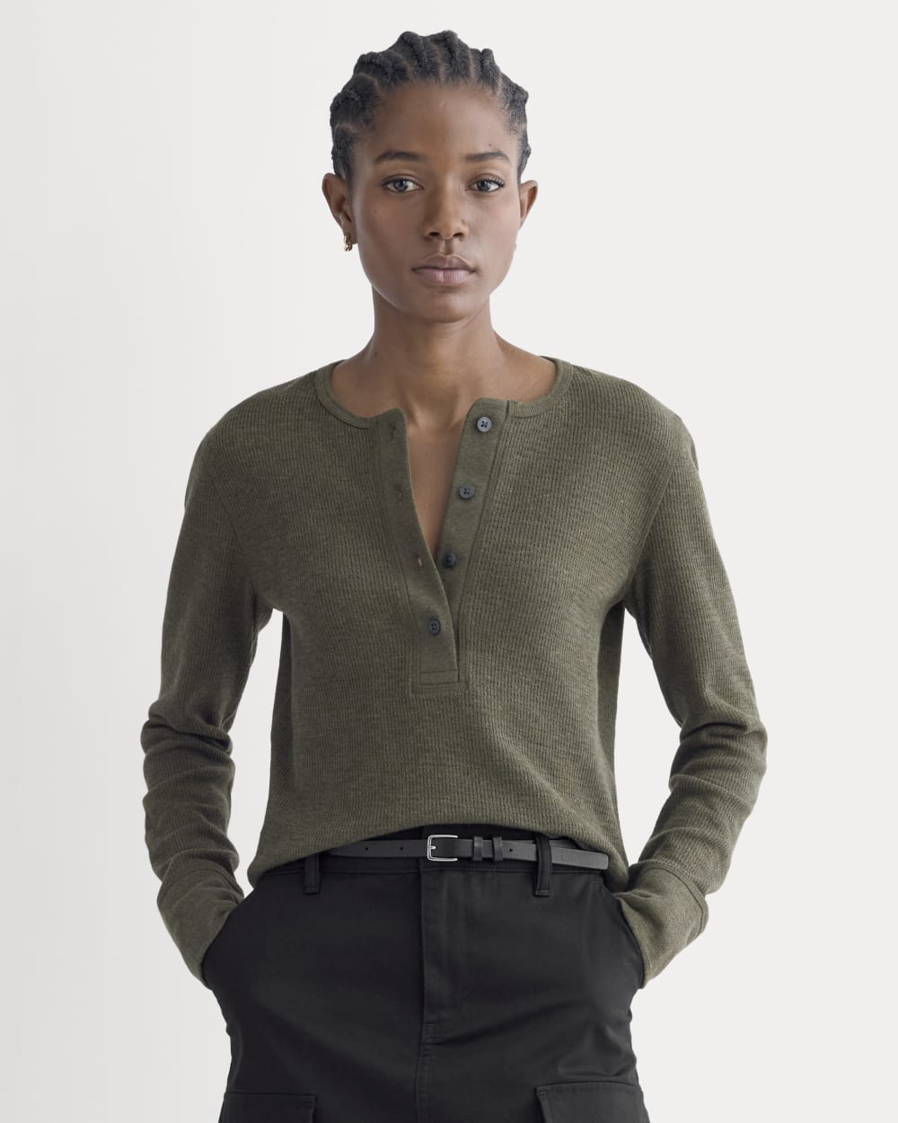 Boxy Henley in Cozy Waffle in Heather Beech — front view